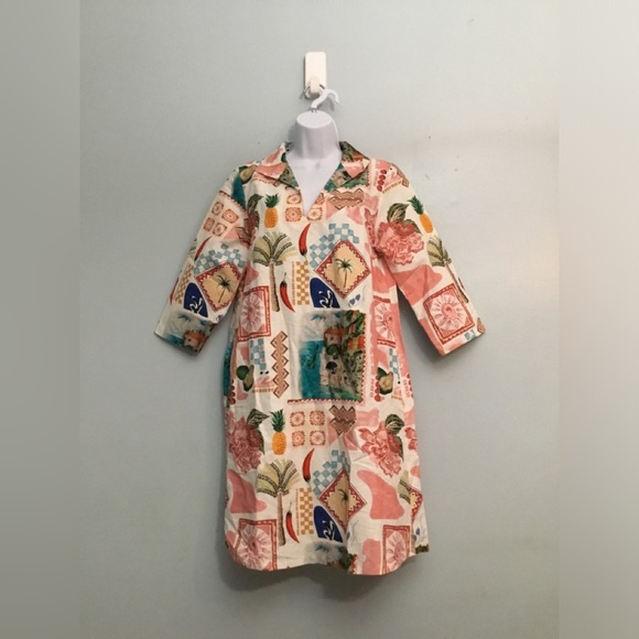 Terzo Millennio Dresses & Skirts - Tropical Patchwork Shift Dress - Cream & Coral